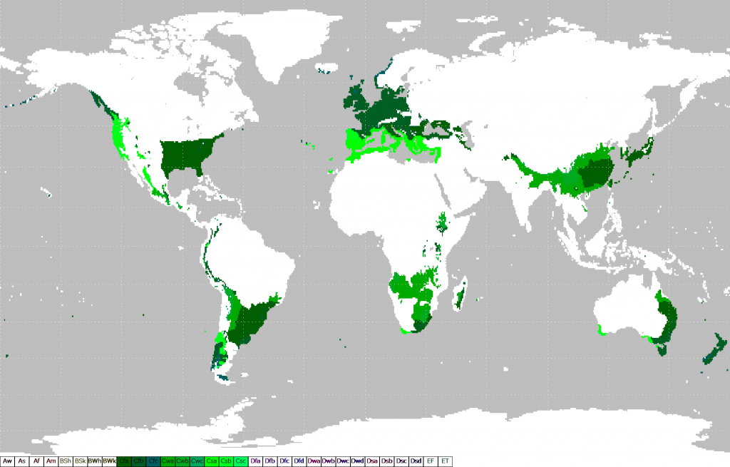 empererat klimat mörkgrönt och Medelhavsklimat ljusgrönt. Kartan kommer från Wikipedias artikel om tempererat klimat.
